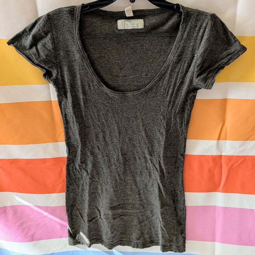 AllSaints Dark Grey Brown Scoop Neck Shirt Layering Worn Distressed Grunge 6
